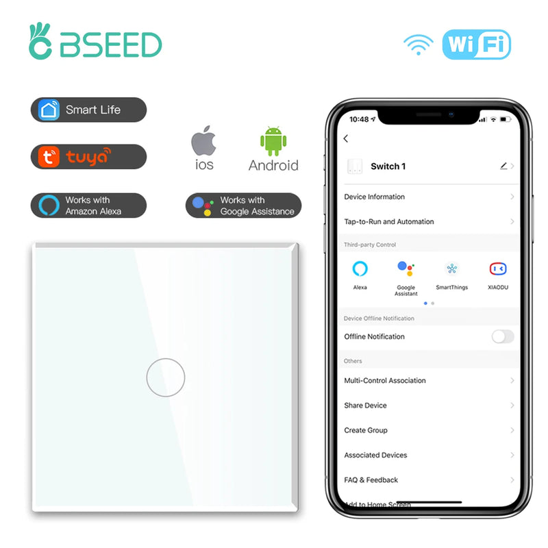 BSEED EU Standard Wifi Wall Switch 1/2/3Gang 1/2/3Way Smart Touch Light Switches Wall Socket Outlets Google Alexa Tuya Control