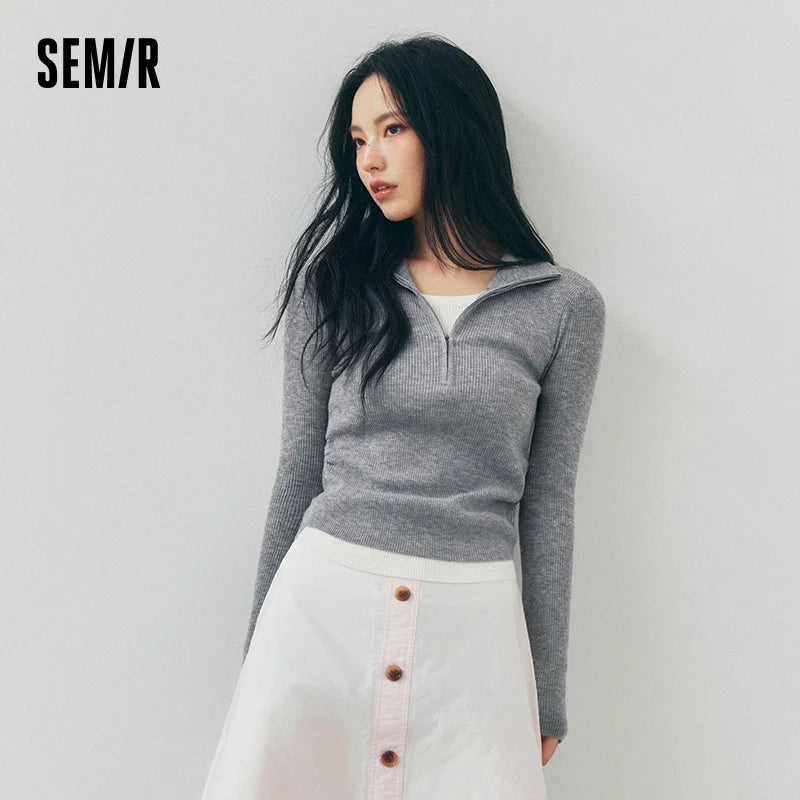 Semir Women Knit Sweater Wool Blend Layered Look Turn Down Collar Half Zip Pleated Detail Slim Fit 2026 New Winter Daily Wear