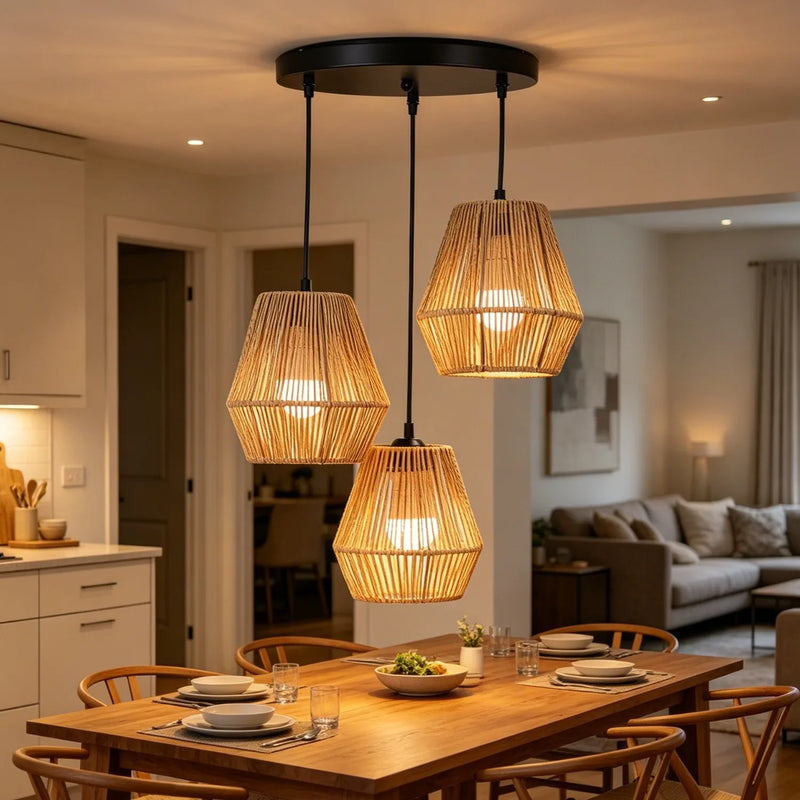 JOYINLED 3-Light Rattan Pendant Light Rattan Chandelier Light Fixture Hand-Woven Wicker Chandeliers for Living Room Dining Room