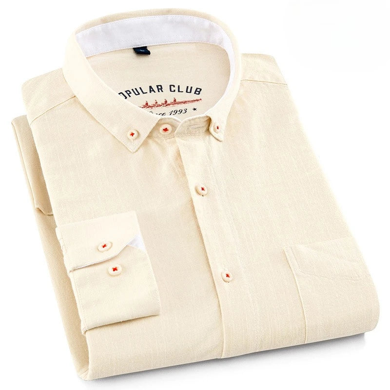 2026 Spring Red Men's Long-Sleeve Shirt, Blue Moisture-Wicking Breathable Cotton-Linen Blend Shirts, Available in Beige Gray.