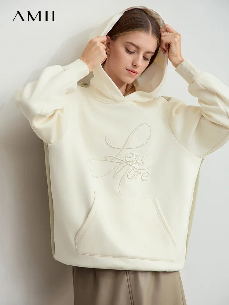 Amii 2026 Winter Clothes Women Long-sleeved Color Matching Embroidery Pocket Fleece Hooded Sweater Loose Casual Tops 12444202