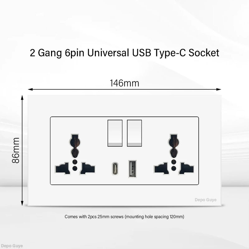 UK 13A Wall Socket with USB Type C 18W Quick Charge Power Outlet,Universal Electrical  Wall Light Switch Dual 3-pin Socket 220V
