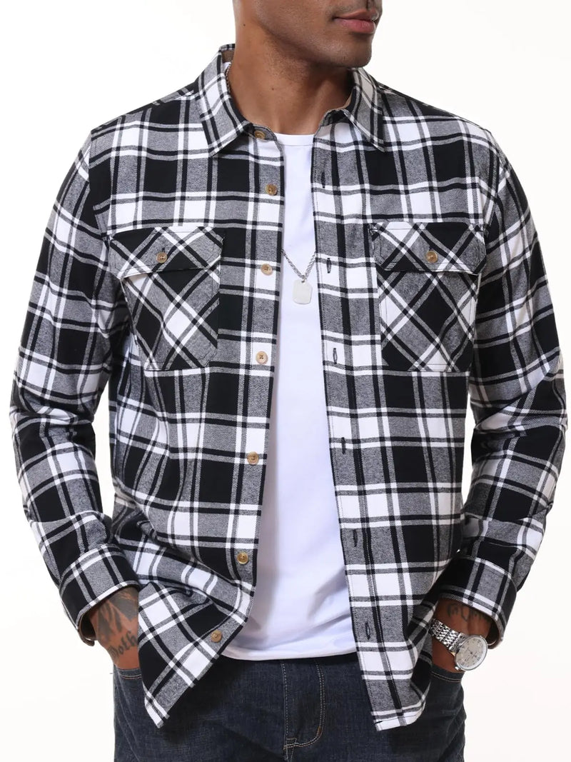 TACVASEN Casual Cotton Plaid Flannel Shirts Mens Button Up Long Sleeve Shirts 2 Chest Pocket Shirt Jacket Lightweight Coat Male