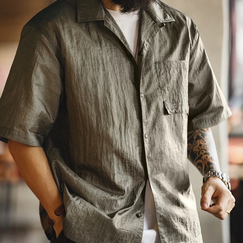 Maden Outdoor Cuban Collar Shirt Men's Summer Lightweight Breathable Short Sleeve Single-breasted Plaid Hiking Street Blouse