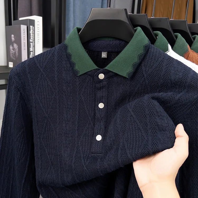 Men's Jacquard Knit Polo Shirt with Color-Blocked Collar - Premium Fabric, Fine Stitching for Business Casual Wear