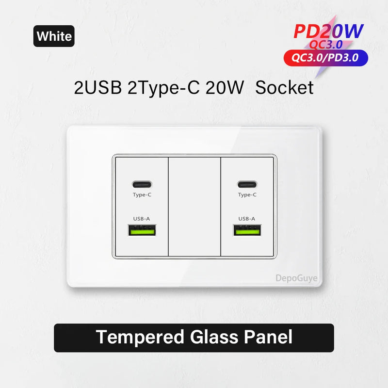 Type 118 White Black Grey Tempered Glass Wall Socket Panel 6 Charging port Triple USB Type C Wall Plug 3.1A 5V Outlet 118*75mm