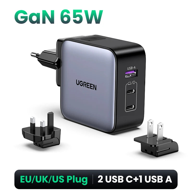 UGREEN GaN 65W Travel Adapter All-in-one Travel Charger with 1 USB Ports and 2 Type C Wall Charger for US EU UK Travel