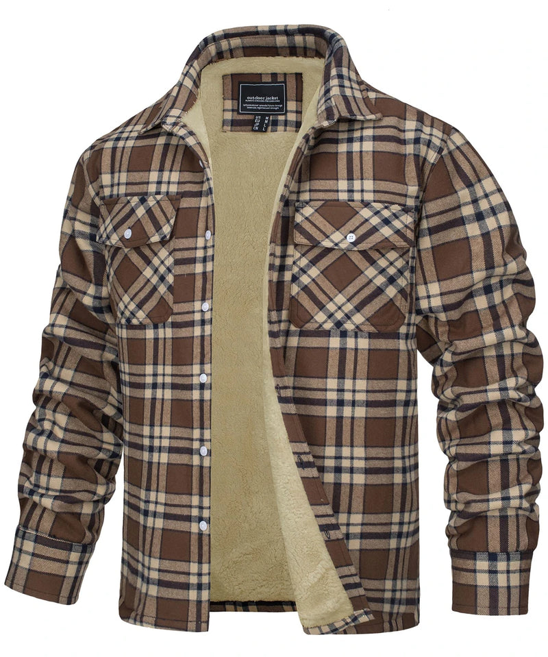 TACVASEN Fleece Lining Jackets Mens Flannel Cotton Jackets Plaid Casual Button Down Cargo Work Coats Thicken Outwear Man Tops