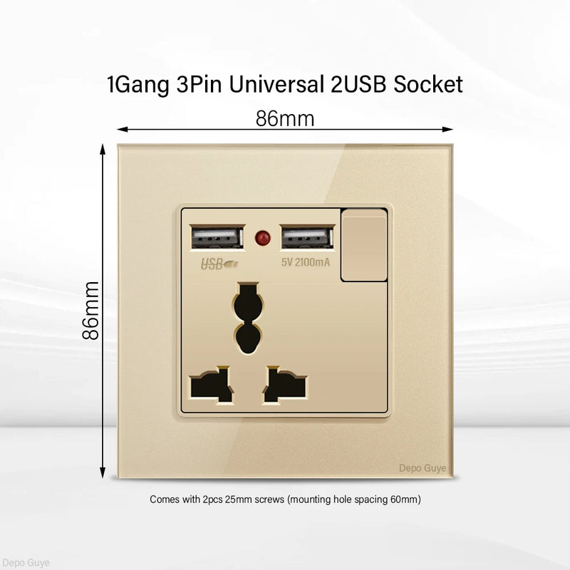 Gold UK 13A Tempered Glass Dual Socket,Universal Power Outlet With USB Type C 18W Quick Charge,Home Light Electric Switch Panel