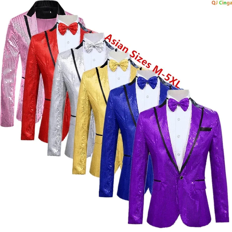Men's Red Sequins Suit Jacket, Purple Single Button Round Sequin Embellishment Coats, Wedding Party Blazers, Asian Sizes.