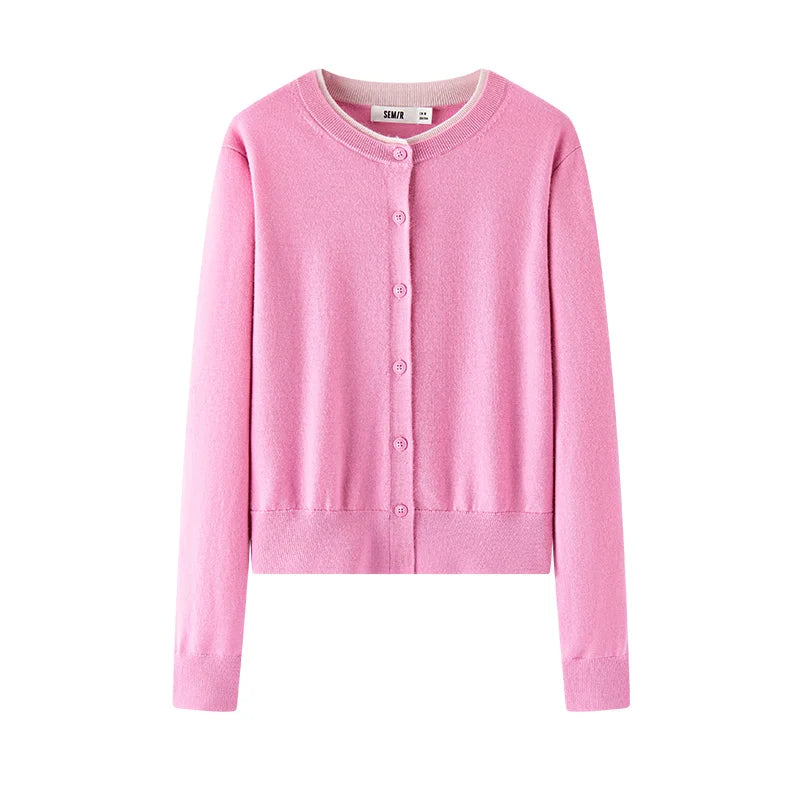 Semir Women Cardigan Short Contrast Crew Neck Faux Two Piece Wool Blend Soft Elegant Autumn Knitwear Daily Wear 2026