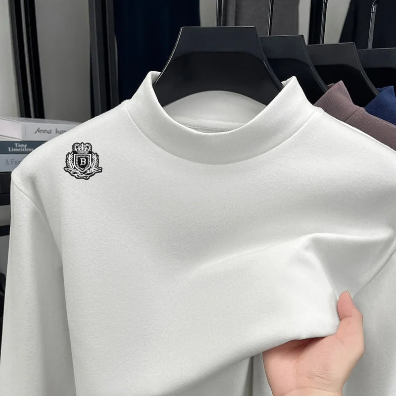 Luxury Man Long-Sleeved T-Shirt Mock Neck Letter Pattern Embroidery Dralon Fabric Autumn Winter New Tops Casual Men's Clothing