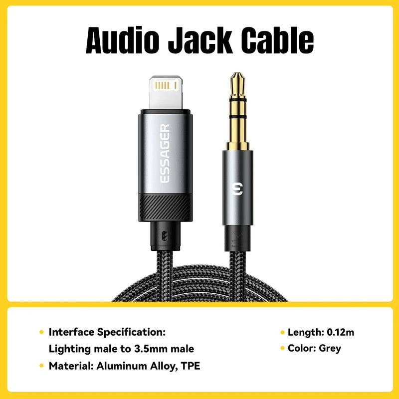 ខ្សែ Essager USB Type C Aux ខ្សែឧបករណ៍បំពងសម្លេង USB A/Lighting ទៅ 3.5mm Jack Audio Cable សម្រាប់ទូរស័ព្ទ កាសស្តាប់ត្រចៀក កុំព្យូទ័រ ថេប្លេត ទូរទស្សន៍ អាដាប់ទ័រ