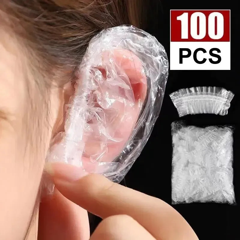 100PCS Disposable Waterproof Ear Covers for Hair Dye, Transparent Elastic Earmuffs Protective Plastic Wrap for Shower Salon