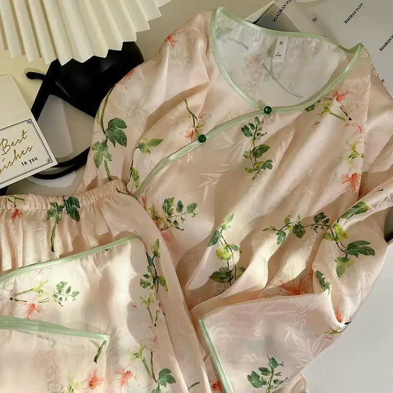 High End Silk Satin Sleepwear Women Elegant Printed Spring Autumn Home Clothing Long Sleeve Ladies Nightwear Pyjamas Femme Set