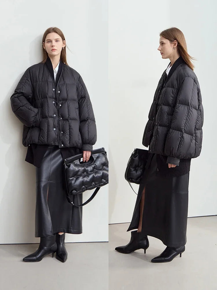 AMII 2026 Winter New Women's Shoulder Sleeves Thickened Collision Material Splicing Wool Fake Two-piece Down Jacket 12444054