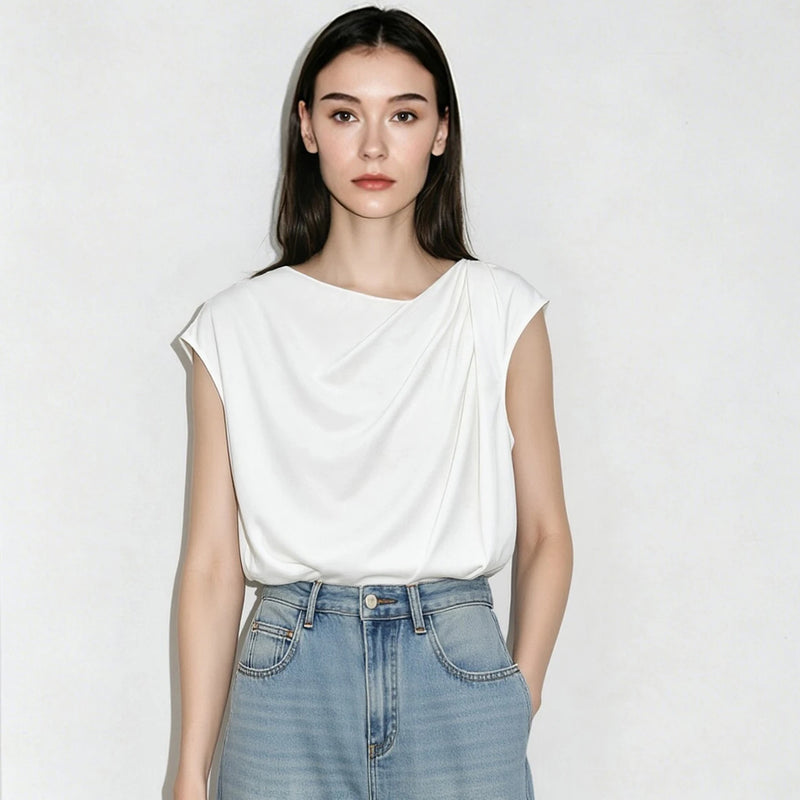 Amii Off Shoulder Women's T-Shirt 2026 Summer New Cap Sleeve Asymmetric Pleated Top Simple Office Casual Tee For Women 12622118
