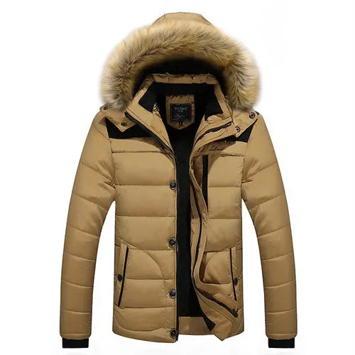 Men's Winter Black Hooded Parkas Jacket, Fake Fur Collar Thick Coats, Fashion Warm Outerwear Male Overcoat Blue Red Jaqueta