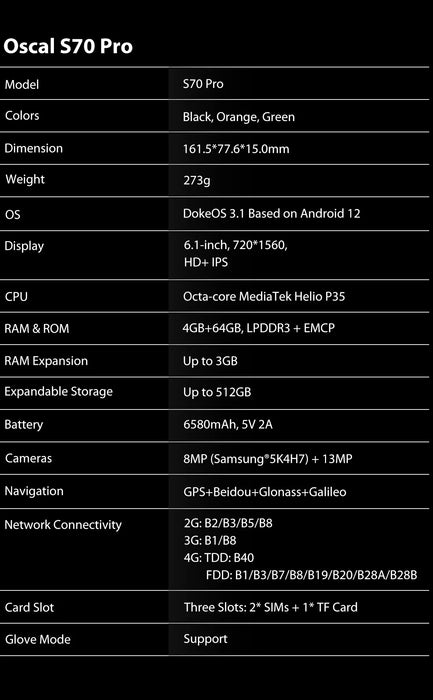 OSCAL S70 Pro Rugged Phone Android 12 Smartphone IP68 Waterproof 4GB+64GB 6580mAH Helio P35 6.1 inch 4G Celular Cell Phone