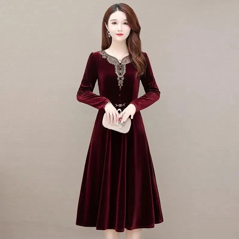 រ៉ូបពិធីជប់លៀងបែប Vintage Applique Velvet សម្រាប់នារី រ៉ូប A-Line ដៃវែង ស្ដើង ស្អាត ថ្មី រដូវផ្ការីក ឆ្នាំ២០២៤ រ៉ូបធម្មតា ប្រវែងជង្គង់