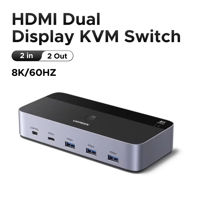 UGREEN HDMI KVM Switch for 2 Monitor 2 PCs 4K 8K 60Hz USB C USB 3.0 Sharing Monitor Keyboard Mouse Printer with HDR 3D Support