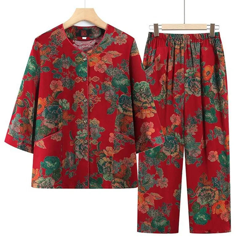 ឈុត Pijama សម្រាប់ស្ត្រី XL-5XL ទំហំធំ រដូវផ្ការីក រដូវស្លឹកឈើជ្រុះ សម្លៀកបំពាក់នៅផ្ទះ ធម្មតា ម្តាយវ័យកណ្តាល ឈុតពីរដុំ ឈុតក្រៅផ្ទះ