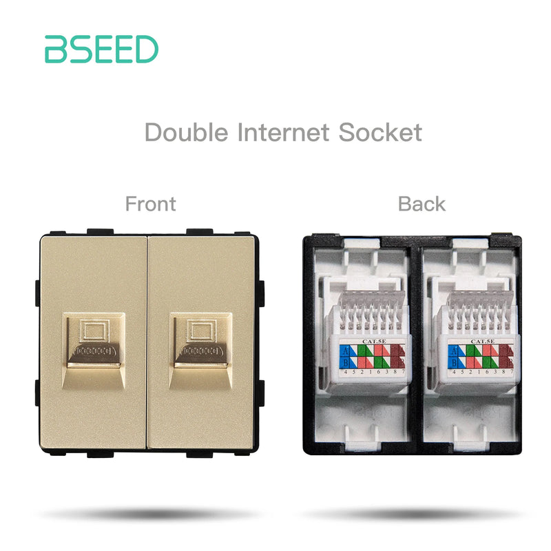 BSEED DIY Modules EU Plastic Panel Gold Double USB Socket Internet CAT5 RJ45 ST TV Power Socket Wall-Mounted Free Combination