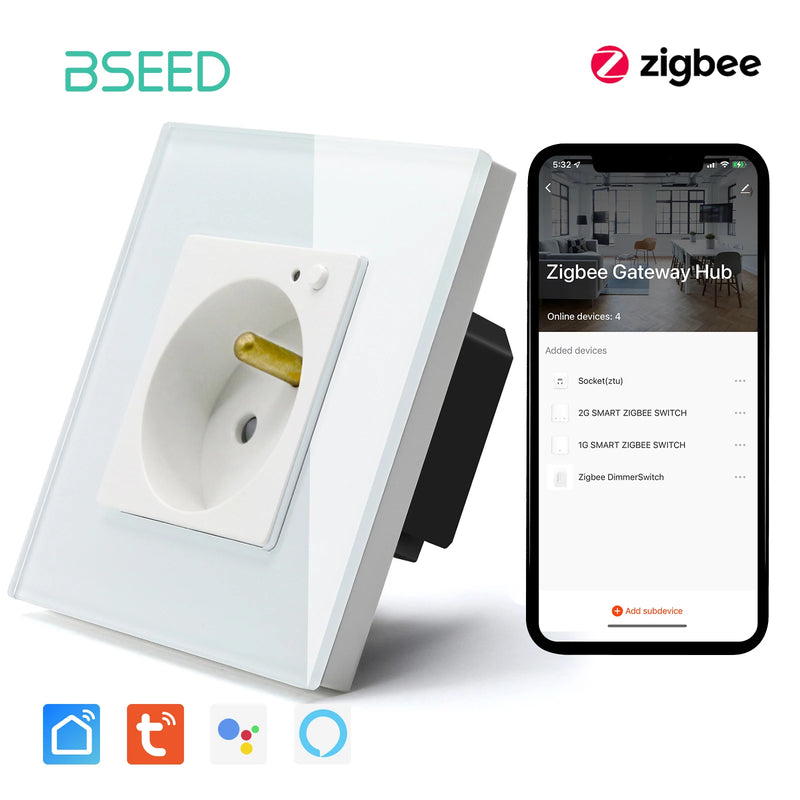 BSEED ZigBee Smart FR Socket Double Powe Sockets Triple Wall French Oulets Work With Tuya Google Home Smart Life Alexa