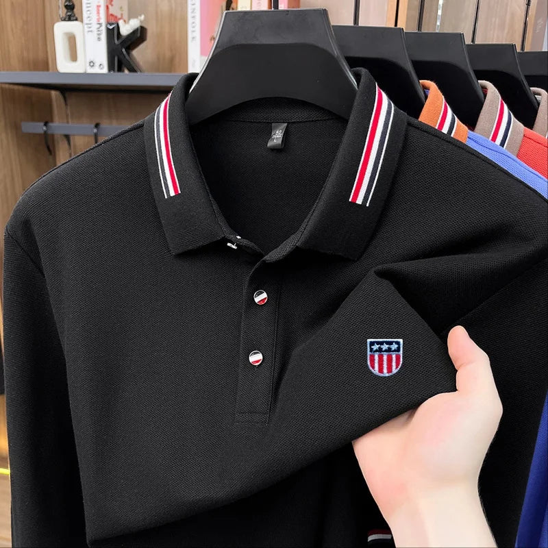 Quality Man 100%Cotton Long-Sleeved Polo Shirt Lapel Button Exquisite Pattern Embroidery Autumn New Leisure Versatile Men's Wear