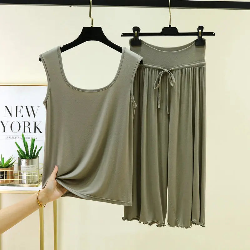 Plus Size Modal Sleepwear Home Clothes Double U-neck Vest Loose Cropped Pants Set Drawstring Lace-up Women's Pajamas M-6XL