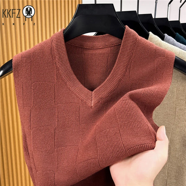 Fall Mens V Neck Jacquard Knitted Waistcoat Sleeveless Sweater Vest Comfort Textured Knit Top For Business Daily Outfit