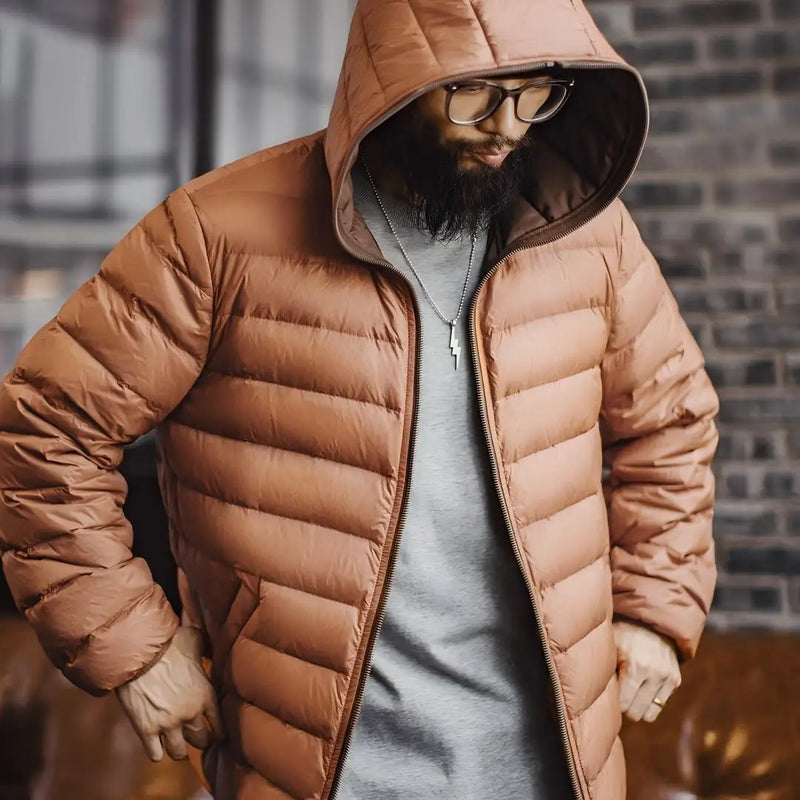 Maden Winter Men's Hooded Down Jacket Lightweight Hydrophobic White Duck Down Filling Coat Warm Inner Layer for Fall Winter
