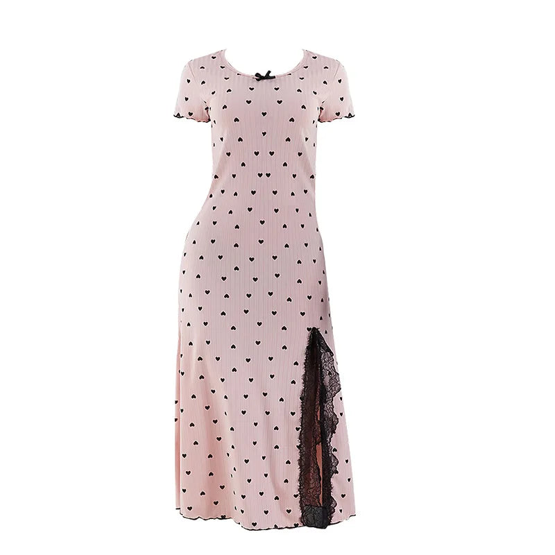 Elastic Slim Fit Nightdress Women's Nightgown Round Neck Short Sleeve Large Size Split Fork Sleepwear Medium Long Summer Dress