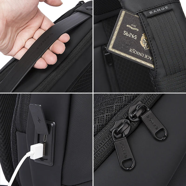 BANGE Solid Chest Bags Men Multi-Layers Sling Crossbody Bag Waterproof Chest Bag USB Charging Port Casual Shoulder Bag for Male