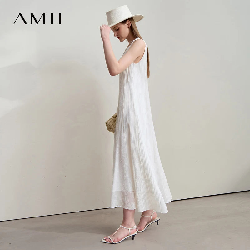រ៉ូប Amii Minimalism Vacation Beige Summer 2025 រ៉ូបថ្មីសម្រាប់នារី Office កាត់ផ្កា A Line ដៃខ្លី ធម្មតា ចងជារាង Fairy 12542190