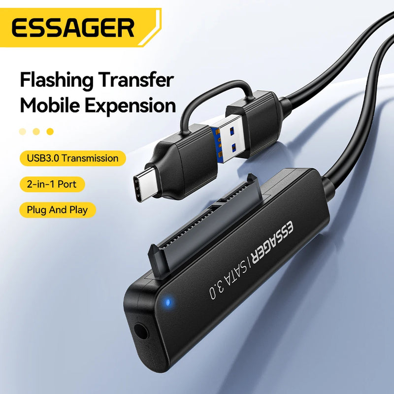 ឧបករណ៍បម្លែងថាសរឹង Essager 2 ក្នុង 1 SATA ទៅ USB 3.0/Type-C សម្រាប់ថាសរឹង HDD/SSD ទំហំ 2.5 អ៊ីញ ឧបករណ៍បម្លែងថាសរឹង USB SATA