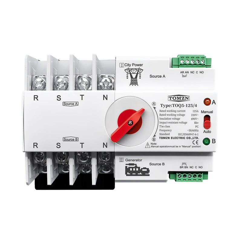 TOMZN 3Phase Din Rail ATS Dual Power Automatic Transfer Switch Electrical Selector Switches Uninterrupted Power 4P 63A 100A 125A