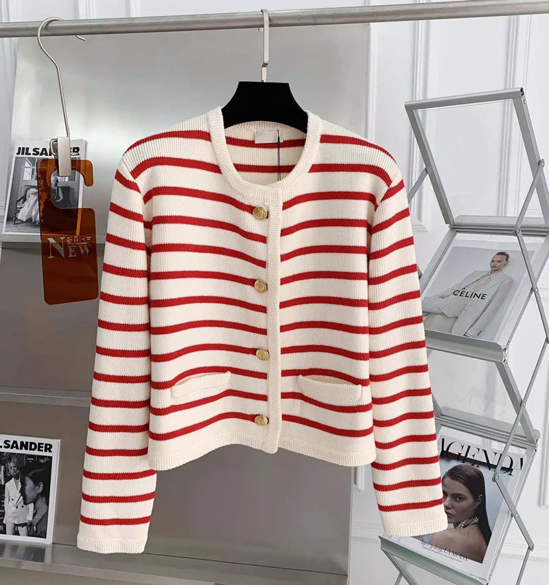 Gold Button Contrast Stripe Long Sleeve Top Small Fragrant Knitted Cardigan Sueter Womens Clothing Spring Autumn Sweater Coat