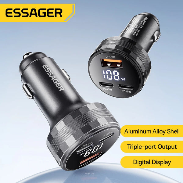 ឆ្នាំងសាករថយន្ត Essager 108W 3 រន្ធ USB ឌីជីថល PD3.0 សាកថ្មលឿន Quick Charge 3.0 Adapter សម្រាប់ iPhone 16 15 Xiaomi Samsung