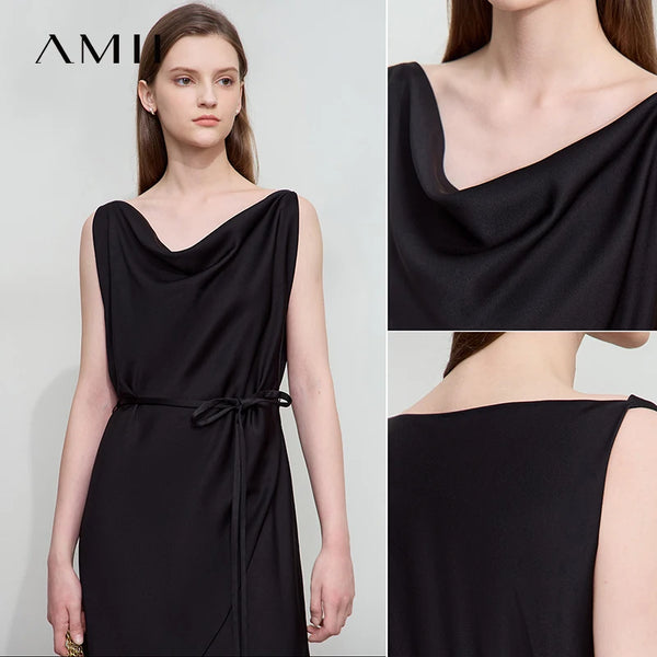 AMII Minimalism Summer Dress 2026 Thin Belt Swing Neck Dress Elegant Sleeveles Eveing Black Midi Dresses Women Clothing 12542150