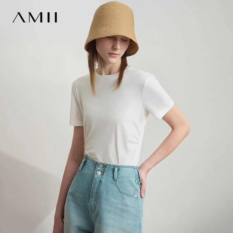 អាវយឺត Amii Minimalist សម្រាប់នារី ក O ផ្នត់ ចង្កេះតូច អាវយឺតប៉ាក់កប្បាស ប្រឆាំងបាក់តេរី 12522045