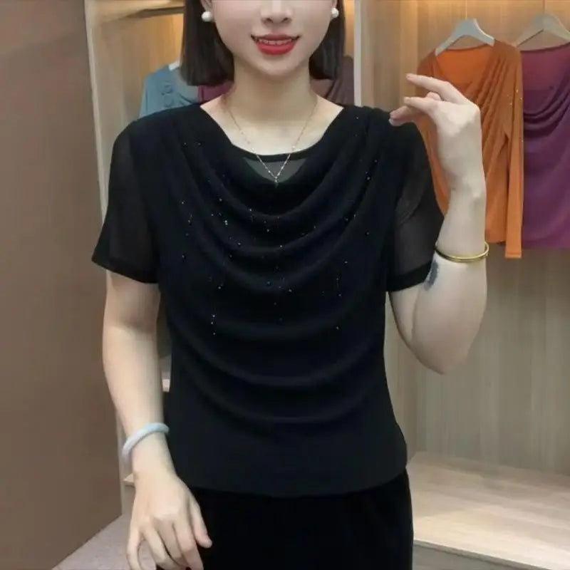 សម្លៀកបំពាក់នារីដៃខ្លីរដូវក្ដៅសាមញ្ញផ្កាបីវិមាត្រពណ៌សុទ្ធសំណាញ់សូត្រភ្លឺអង្កាំ អាវយឺតនារី