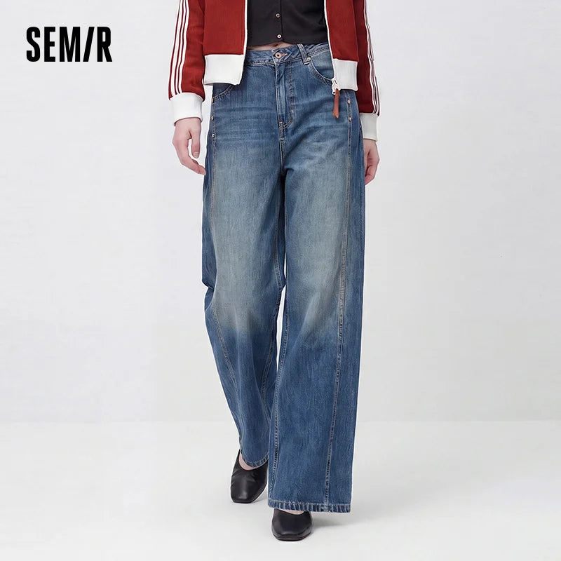 Semir Women Jeans Panelled Wide Leg Loose Fit 2026 Autumn Streetwear HighWaist Urban Casual Everyday Denim Pants
