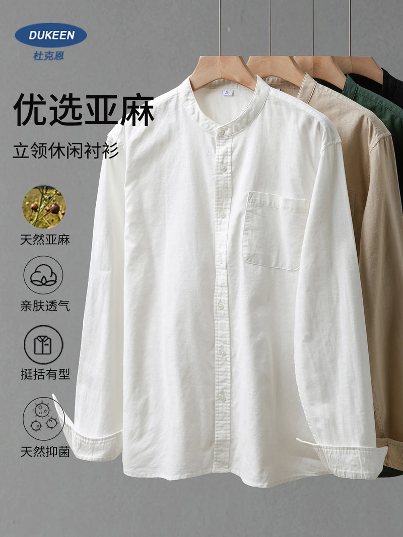 DUKEEN Men's White Band Collar Cotton Linen Blend Long Sleeve Shirt Autumn Casual Breathable Basic High-Quality Men's Clothing