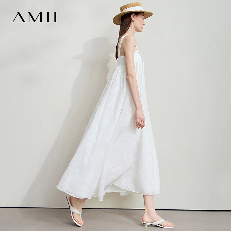 Amii Minimalist Women's Vacation Sundress 2026 Summer New Fashion Casual A-Line Wrinkle Black Elegant Strap Dresses 12552046
