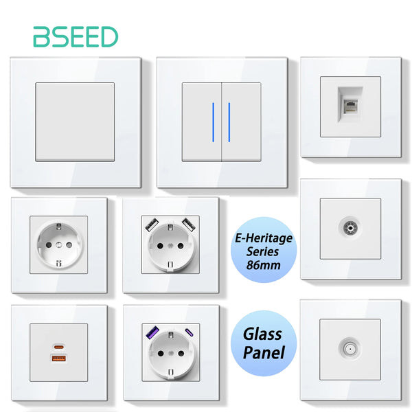 BSEED E Series Mechanical Button Switch 1/2Gang Light Switch Wall EU Socket ST TV Socket Glass Panel Switch With LED Indicator