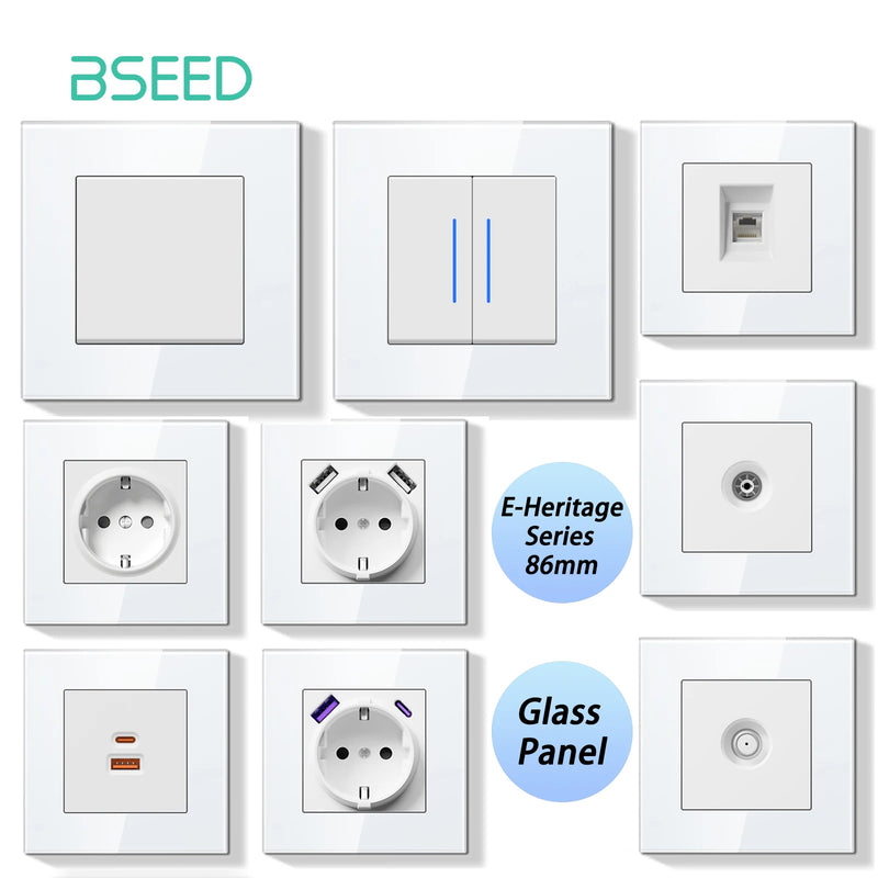 BSEED E Series Mechanical Button Switch 1/2Gang Light Switch Wall EU Socket ST TV Socket Glass Panel Switch With LED Indicator