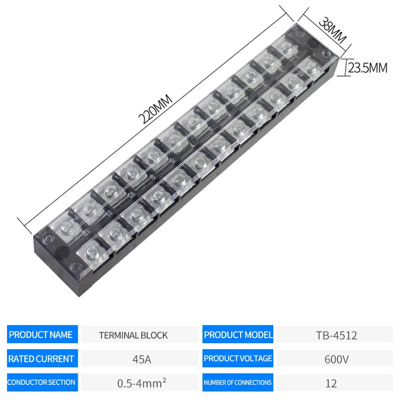 15A/25A/45A 3/4/6/8/10/12 Dual Row Barrier Screw Terminal Block Strip Wire Connector 600V Positions Optional