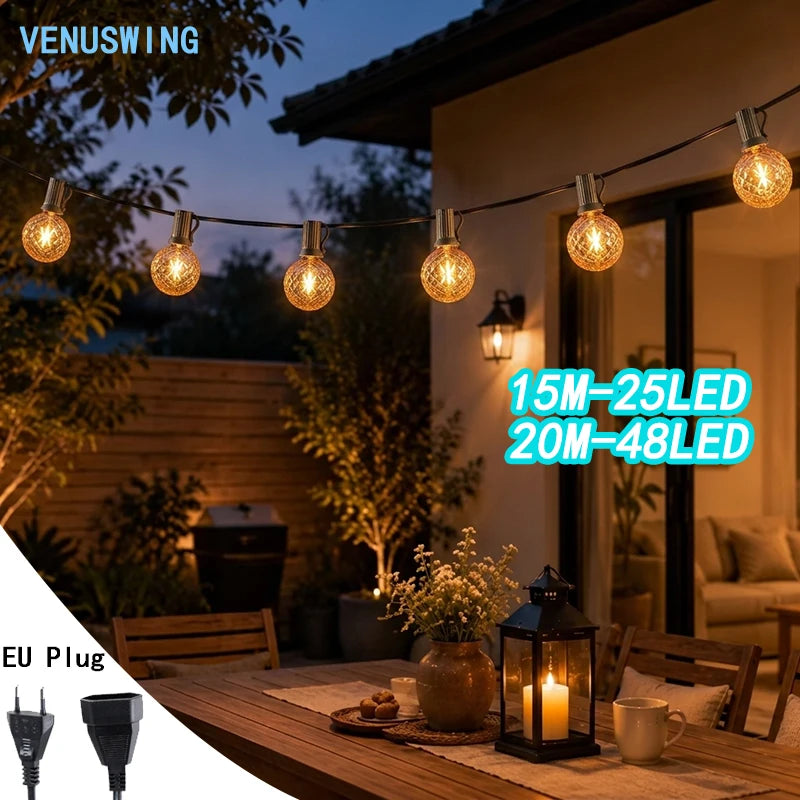ភ្លើងខ្សែ G40 ធន់នឹងទឹក 15-20 ម៉ែត្រ អំពូលភ្លើង Gazebo ដោត EU ចង្កៀងដំបូលសម្រាប់ការតុបតែងពិធីជប់លៀង Patio Festoon