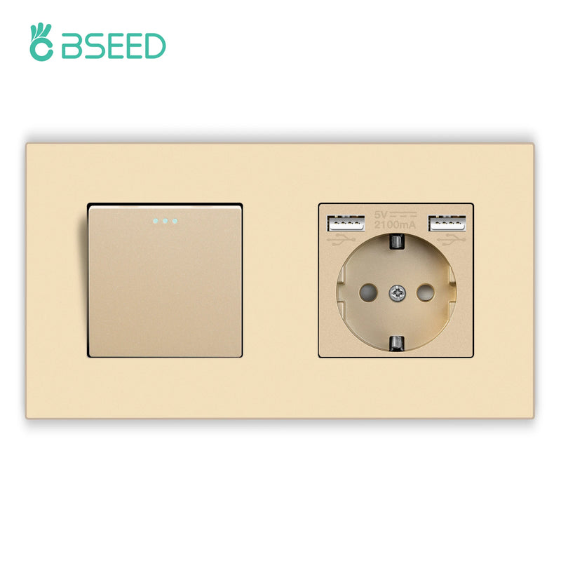BSEED Mechanical Button Switches With Power Socket 1/2/3Gang 1Way Plastic Panel Electrical Outlets USB Type-C Wall Socket 16A